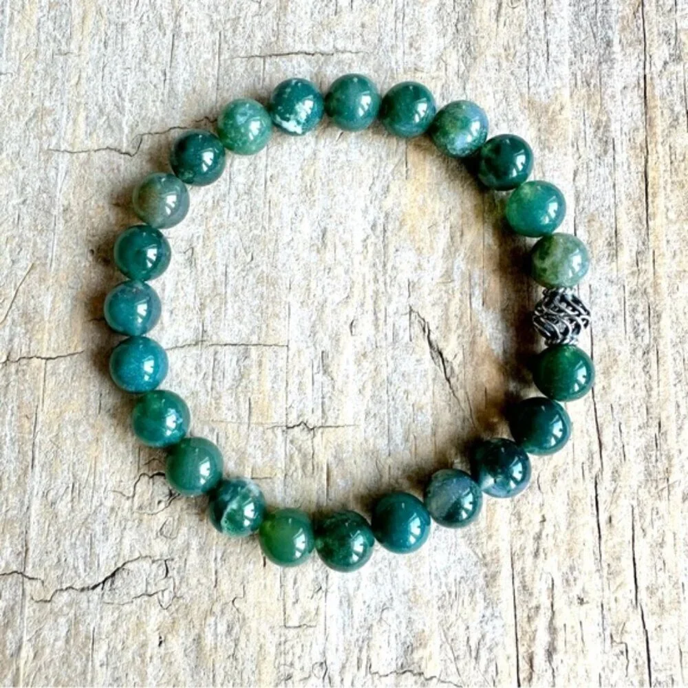 Burgundy Jasper Gemstone Bracelet Sterling Silver Accent Bead Unisex - 8mm Beads